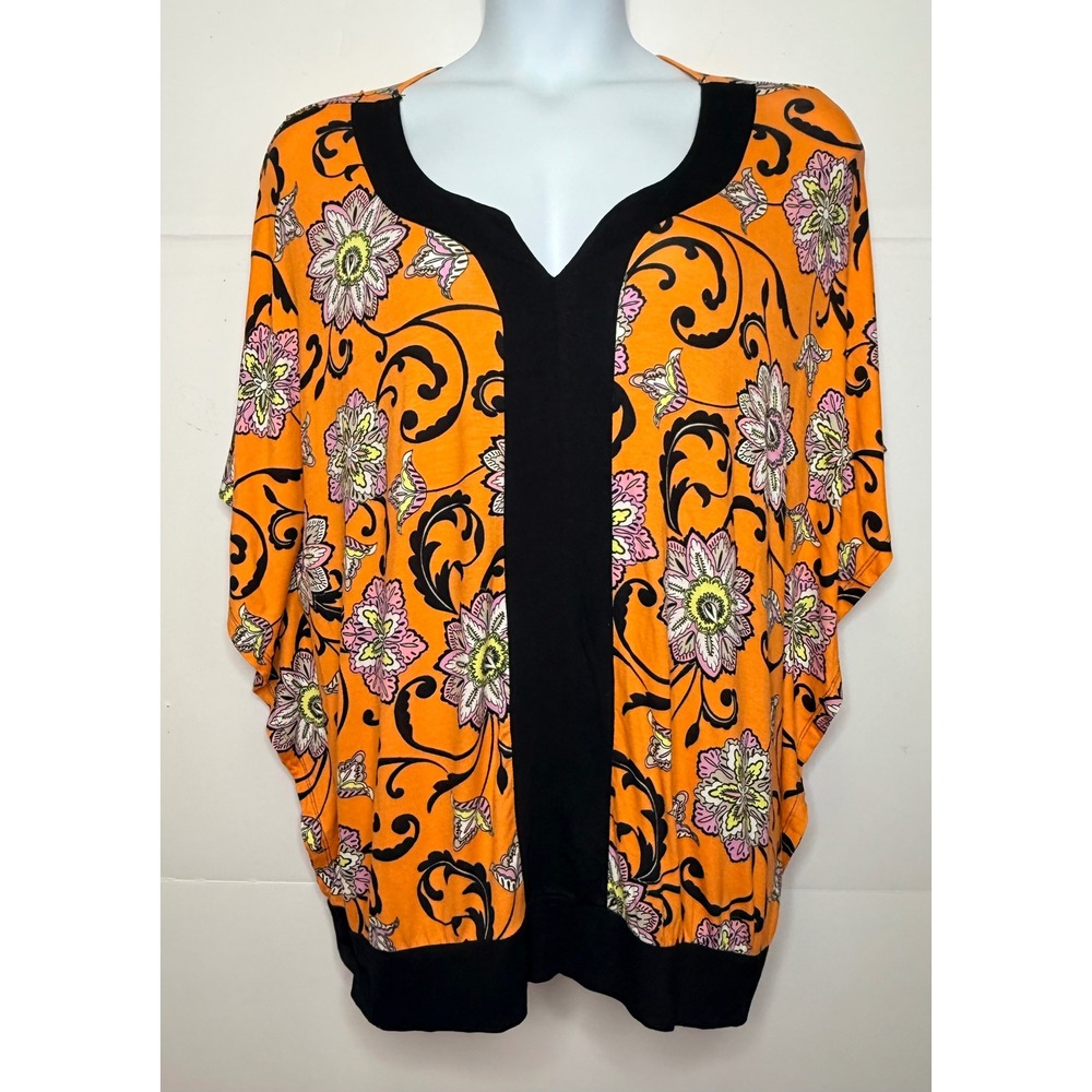 Beverly Drive Banded Knit Top 3X Orange Floral Dolman VNeck Tropical Boho Casual